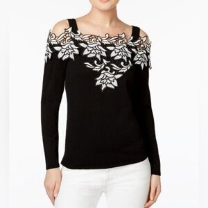 INC International Concepts Black White Floral Appliqué Cold Shoulder Sweater Top